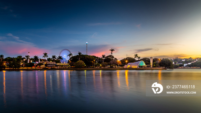 Sunset at the Pampulha lagoon, in Belo Horizonte, overlooking the Church of Sao Francisco de Assis and Guanabara Park.