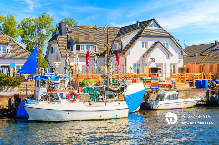 Fishing boats in Vitte port on sunny beautiful day, Hiddensee island, Baltic Sea, Germany