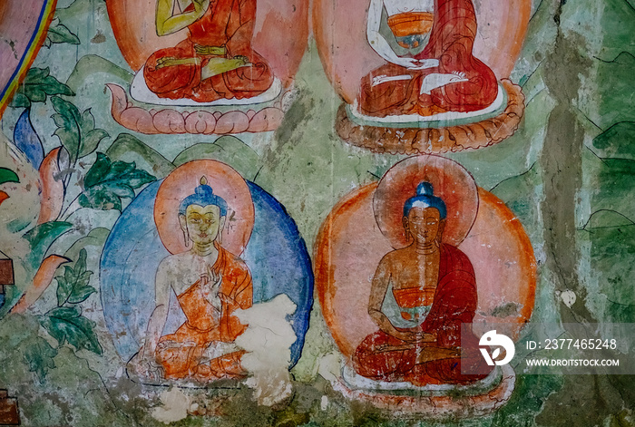 Buddha Incarnation elements of wall painting in Thiksey Monastery in Leh