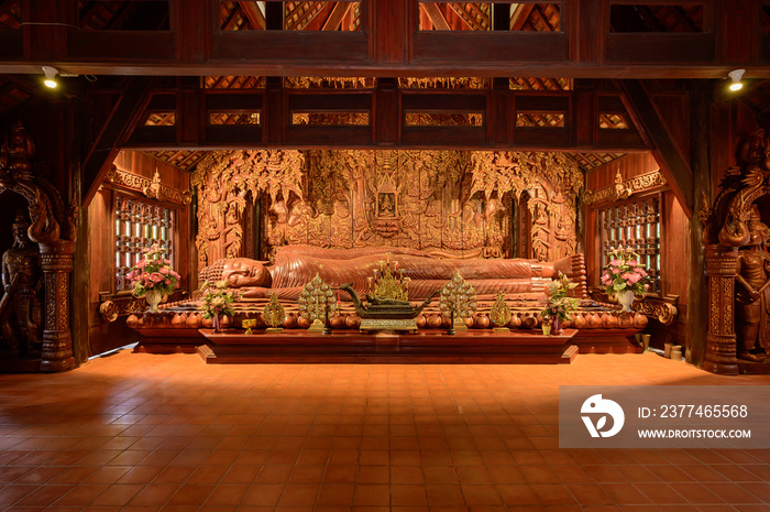 The Wooden Reclining Buddha of Wat Luang Khun Win in Chiangmai Province