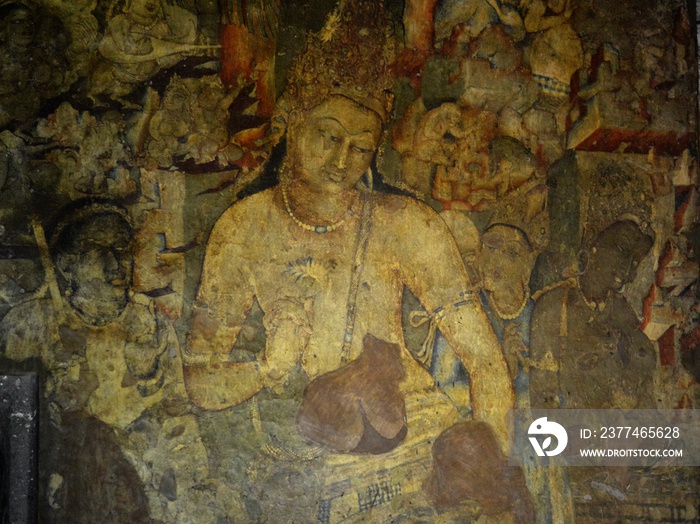 Bodhisattva Padmapani with lotus flower painting, Ajanta caves, Maharashtra, India