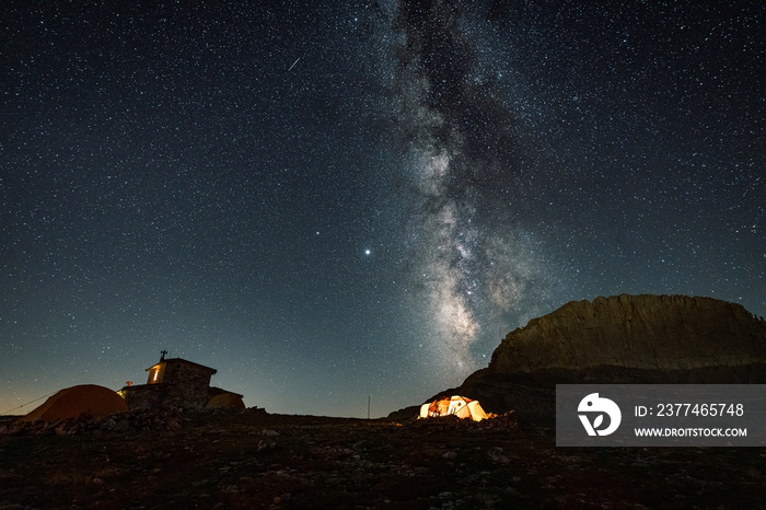 The milkyway galaxy over Olympos mountain, from different angles. Hiking at night to explore wanderfull views.