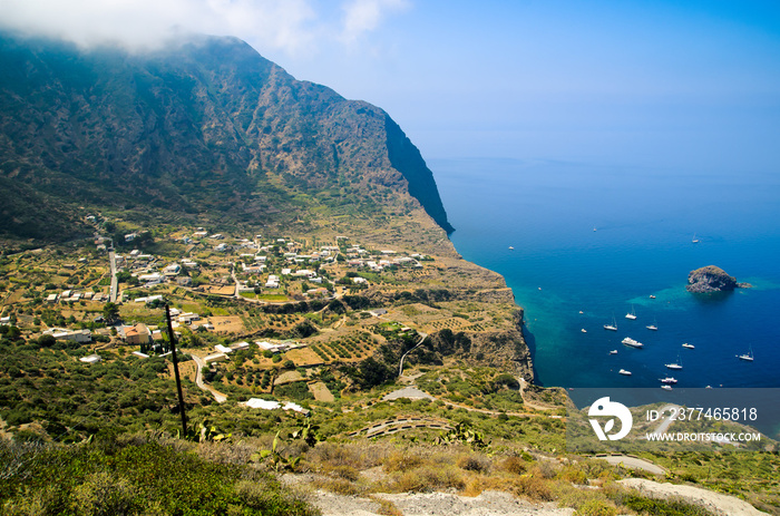 Aerial view of the sea from Punta Perciato, Pollara, Salina. Rocky coastline, Aeolian Islands Archipelago, Sicily, Italy.