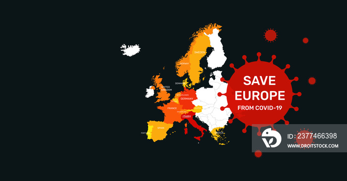 Save europe from covid 19-virus concepts with text and epidemic zone on europe map background.healthy and medical treatment.biology effect