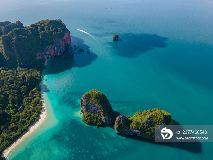 Railay Beach Krabi Thailand, the tropical beach of Railay Krabi, panoramic view of idyllic Railay Beach in Thailand with a huge limestone rocks