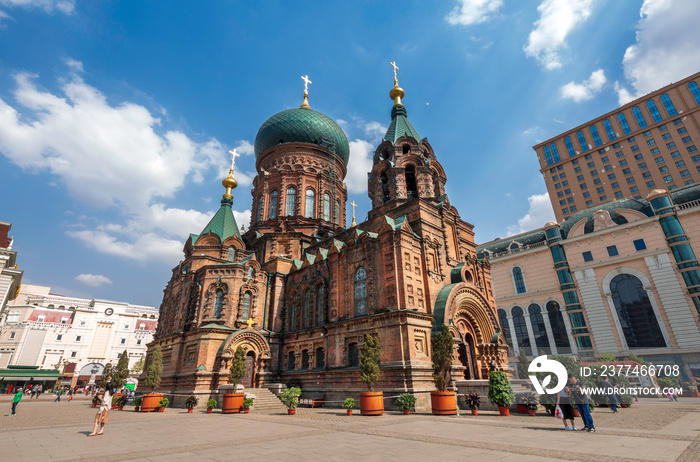 famous harbin sophia cathedral in blue sky from square