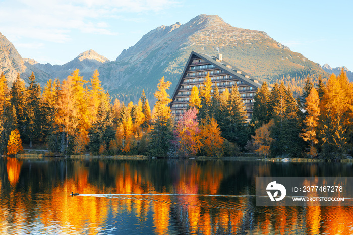 Mountain lake Strbske pleso (Strbske lake) in autumn time. High Tatras national park, Slovakia