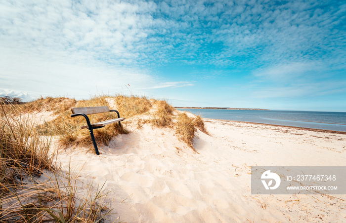 Bench on a beautiful white sand beach in south Sweden. Popular tourist destination.