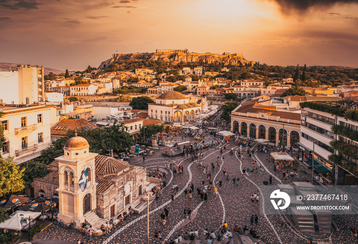 aerial panoramic view of Monastiraki square and the Acropolis at sunset in Athens  Greece