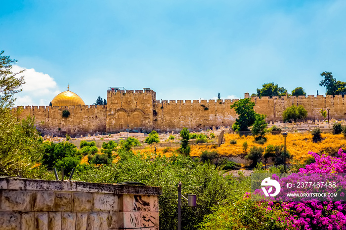 the dome of the rock outside the wall of the old city. And Golden Gate. Jerusalem, Israel