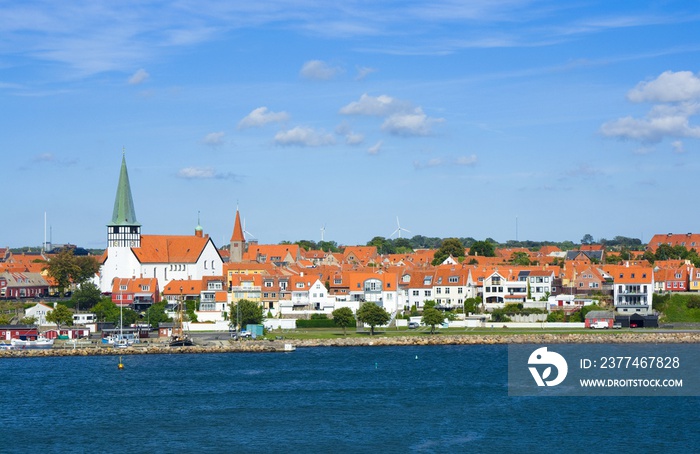 Panorama of Ronne town from the harbor, St Nicolas Church on the left, Bornholm, Denmark