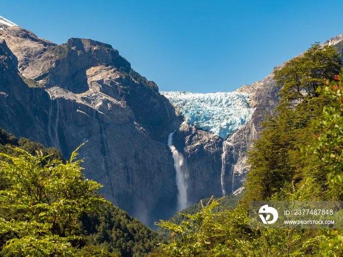 The Hanging Glacier (Ventisquero Colgante) with its stunning waterfall with metlwater falling in a single vertical drop, Queulat National Park, Patagonia, Chile