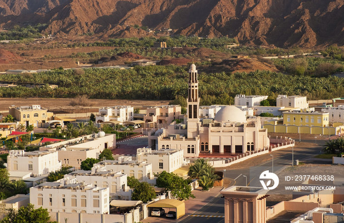 View from the top on town of Hatta and rocks in the background. Hatta is an enclave of Dubai in the Hajar Mountains, United Arab Emirates