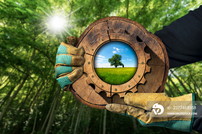 Hands with protective work gloves holding a cross section of a tree trunk with a wooden cogwheel in a green forest. Sustainable resources concept.