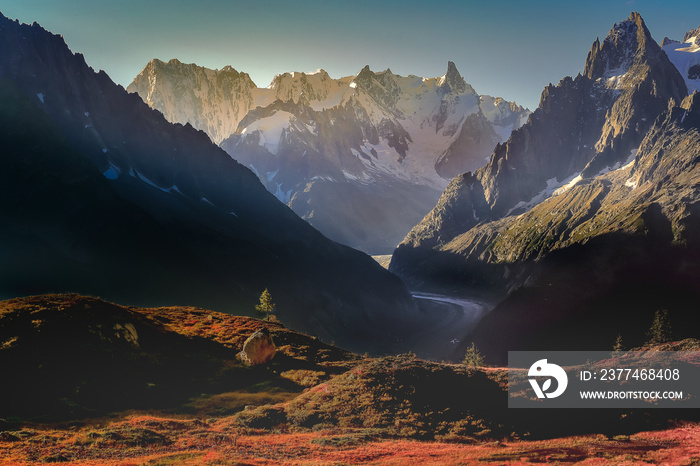 Mont Blanc massif idyllic alpine landscape countryside, Chamonix, French Alps