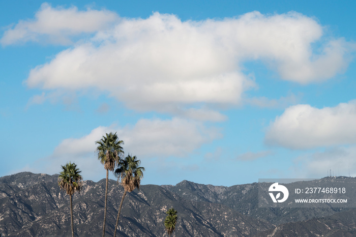 View of the top of the San Gabriel Mountains as seen looking north from Pasadena in Los Angeles County., including Mount Lowe in the middle, elevation 5,700 ft.