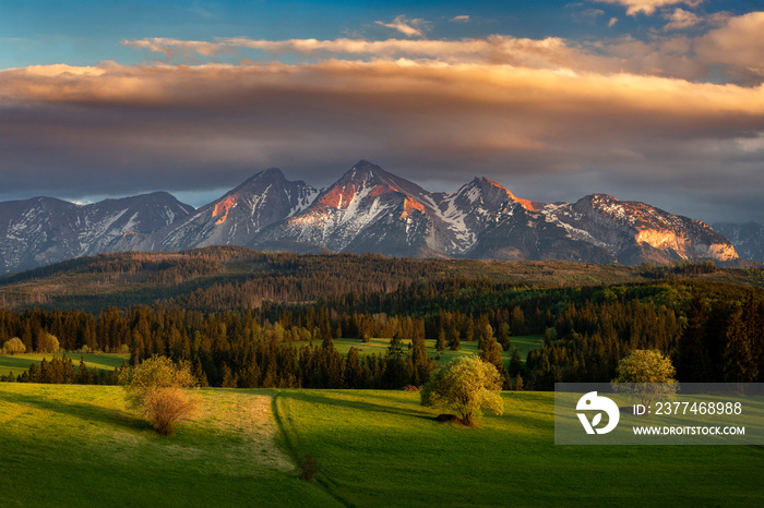 Beautiful spring sunset at Tatra mountains in Poland