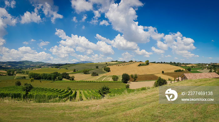 Panorama of the countryside in Coriano, Emilia Romagna countryside, Italy