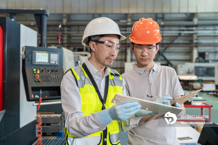 两个工程师穿保护工作服戴着安全帽在工厂做测量