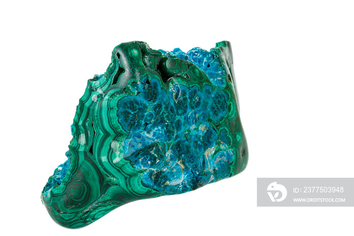 Macro of a mineral stone Chrysocolla Malachite on a white background