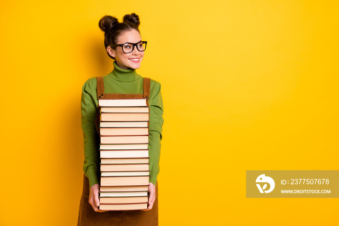 Portrait of her she attractive pretty diligent cheerful girl nerd carrying many book 1 September cop