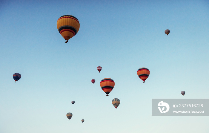 group of colorful hot air balloons against a blue sky