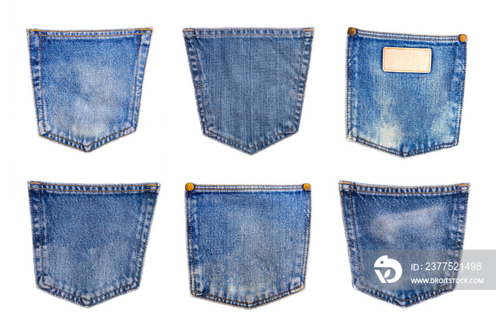 collection of Denim blue jeans pocket isolated on white background.