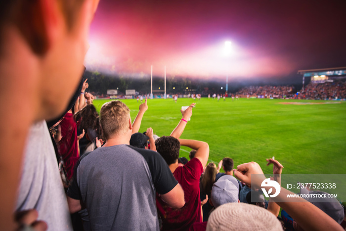 Fans celebrate touchdown at the stadium. American football match in the night. Fans support concept 