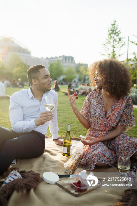 Couple with food and wine talking while relaxing on picnic blanket against clear sky in park