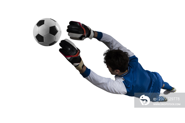 Goalkeeper catches the ball in the stadium during a football game. Isolated on white background