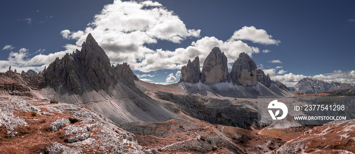 Panorama of Tre Cime peaks in Dolomites, Italy