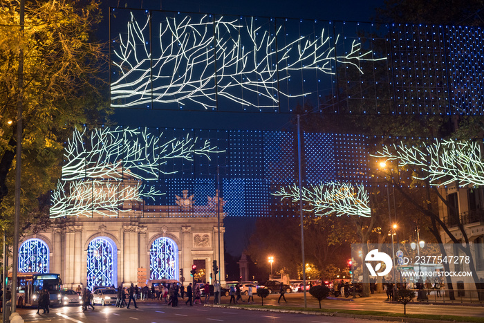 Christmas decorations in Madrid by night   .