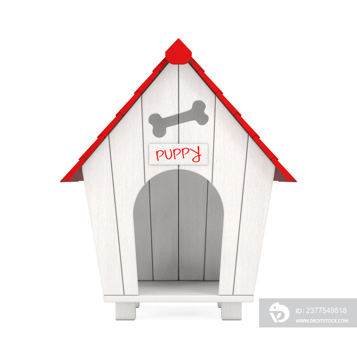 Wooden Cartoon Dog House with Red Roof and Puppy Sign. 3d Rendering