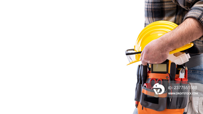 Electrician with tool belt on a white background. Electricity.