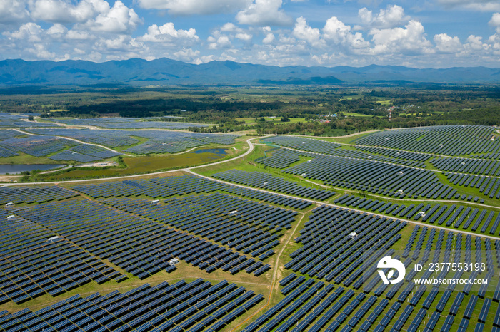 Aerial shot of photovoltaic panels in solar power station