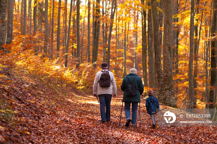 Großeltern mit Enkel beim Herbstspaziergang