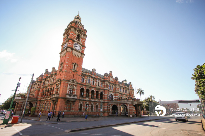 Pietermaritzburg City Hall or Town hall, viewed from the street towards the belltower on a clear sun