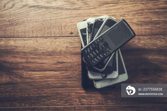 old mobile phones on a table