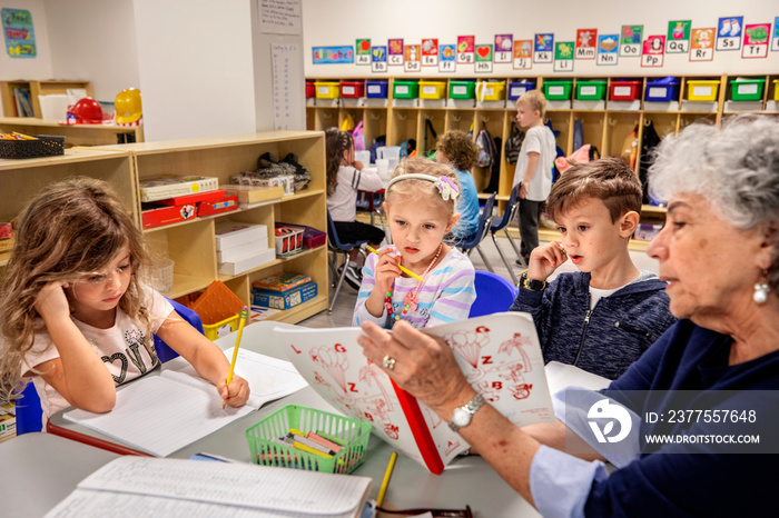 Teacher reading a book to children