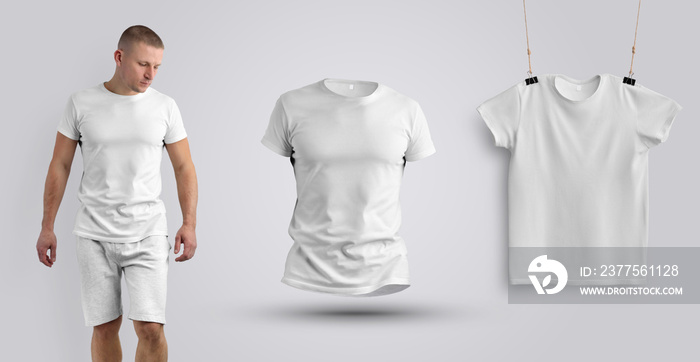 一套三件空白T恤的实物模型，分别在一名男子身上、3d和带绳子的金属夹子上。
