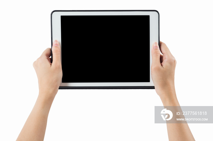 Hands holding tablet horizontal on white background. clipping pa