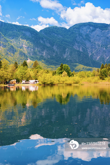 Camping of RV caravan trailers at Bohinj Lake of Slovenia