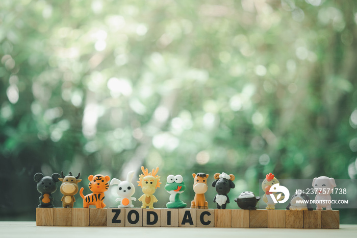 中国十二生肖中的橡胶玩具动物被放在zodiac的木头上