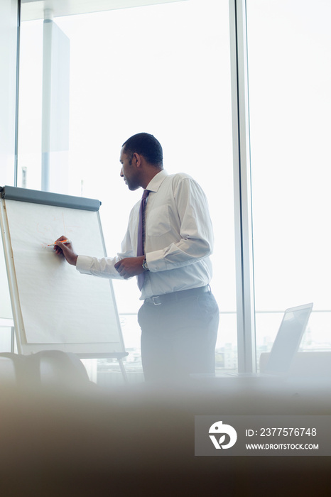 Corporate businessman writing on flipchart in conference room