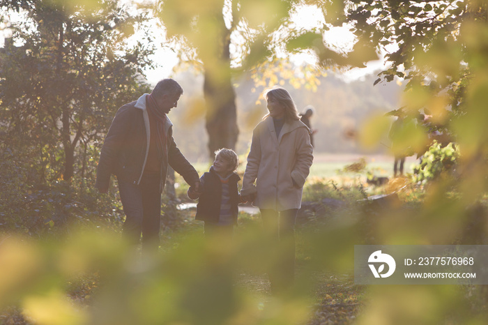 Family holding hands and walking in sunny autumn park