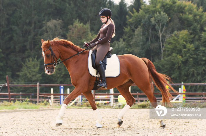 Dressurreiterin reitet über den Reitplatz