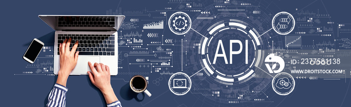 API - application programming interface concept with person using a laptop computer