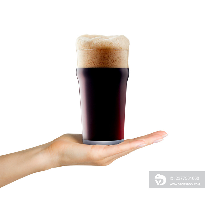 Woman hand holding mug of beer with foam on white background