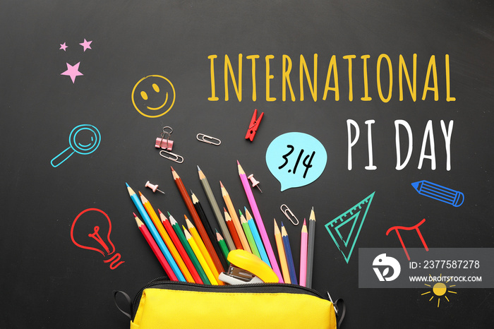 Set of school stationery on chalkboard. International Pi Day