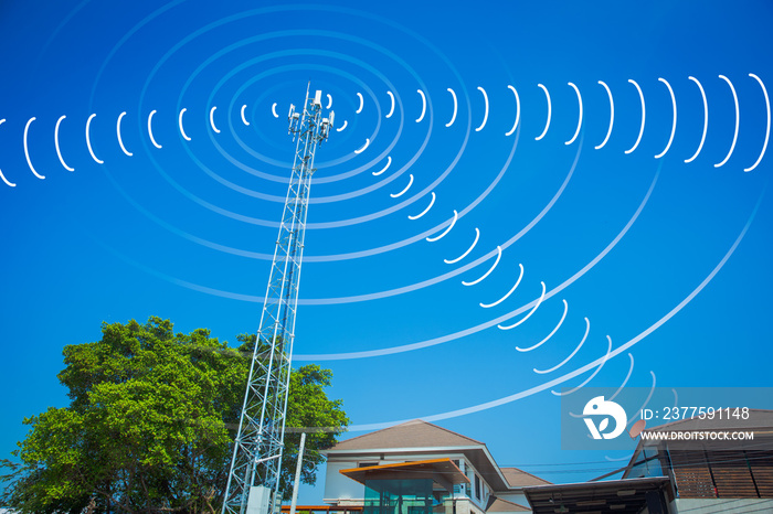 communication tower send and receive radio wave signal in the city concept.